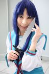  ari_(model) asakura_ryouko blue_hair cosplay highres knife photo sailor sailor_uniform school_uniform serafuku suzumiya_haruhi_no_yuuutsu 