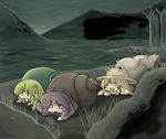  3girls bad_id bad_pixiv_id crawling hat kochiya_sanae moriya_suwako multiple_girls shell snail touhou yasaka_kanako 