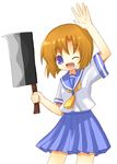  ;d blue_eyes blue_skirt blush brown_hair hatchet higurashi_no_naku_koro_ni holding holding_weapon knife looking_at_viewer neckerchief nose_hatchet one_eye_closed open_mouth pleated_skirt ryuuguu_rena sailor_collar school_uniform serafuku short_hair short_sleeves skirt smile solo waving weapon yellow_neckwear yuzuki_(yuduame) 