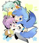  angelous_lazward blue_hair chibi eyepatch fan folding_fan follower_(yagisaka_seto) glasses green_hair hamamoto_ryuusuke_(style) imageboard_colors jochuu-san jochuu-san's_master lowres multiple_boys oekaki original parody purple_hair style_parody tail yagisaka_seto 