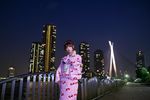  1girl cityscape hairband japanese_clothes kimono night night-shots photo shio sky solo strawberry_pattern water waterfront 