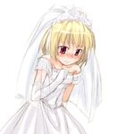  1girl blonde_hair blush bride dress elbow_gloves gloves higurashi_no_naku_koro_ni houjou_satoko sketch solo wedding wedding_dress white_gloves 