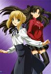  2girls absurdres artist_request artoria_pendragon_(fate) black_thighhighs blouse fate/stay_night fate_(series) highres long_hair multiple_girls photoshop_(medium) saber_(fate) shirt thighhighs tohsaka_rin zettai_ryouiki 