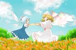  bad_id bad_pixiv_id blonde_hair blue_dress blue_eyes blue_hair capelet cirno cloud day dress frilled_dress frills hair_ribbon hat holding_hands lily_white long_hair long_sleeves multiple_girls natsume_(menthol) puffy_short_sleeves puffy_sleeves ribbon short_hair short_sleeves sky touhou white_dress white_hat wings yellow_eyes 