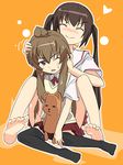  2girls ahoge barefoot brown_eyes brown_hair closed_eyes commentary_request feet ixy minami-ke minami_chiaki minami_kana multiple_girls school_uniform soles stuffed_animal stuffed_toy thighhighs toes 