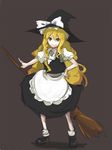  apron blonde_hair bow braid broom dress hair_bow hand_on_hip hat kasa kirisame_marisa long_hair no_nose short_sleeves simple_background sketch smile solo standing touhou witch_hat yellow_eyes 