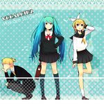  2girls aqua_hair blue_eyes brother_and_sister hair_ribbon hatsune_miku headphones highres kagamine_len kagamine_rin long_hair multiple_girls necktie ribbon school_uniform short_hair siblings skirt tomosaka twins very_long_hair vocaloid 