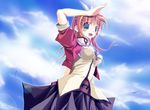  :d arm_up blue_eyes blue_skirt blue_sky blush breasts cloud copyright_request cowboy_shot day looking_at_viewer medium_breasts open_mouth outdoors pink_hair pleated_skirt puffy_short_sleeves puffy_sleeves salute shippo_danshaku short_hair short_sleeves skirt sky smile solo 