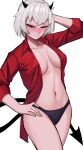  1girl absurdres arm_behind_head black_panties blush breasts breasts_apart closed_mouth collared_shirt commission demon_horns demon_tail hand_on_own_hip helltaker highres horns ice_(10222) malina_(helltaker) navel no_bra one_eye_closed open_clothes open_shirt panties red_eyes red_shirt shirt short_hair simple_background solo stomach tail underwear white_background white_hair 