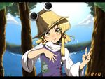  :q blonde_hair blush day face hair_ribbon hand_on_own_chest hands harusame_(unmei_no_ikasumi) hat letterboxed long_hair moriya_suwako outdoors ribbon smile solo tongue tongue_out touhou tree upper_body v yellow_eyes 