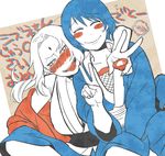  2girls :d alcohol bindi blush blush_stickers cup drink drunk eyes_closed facial_mark forehead_mark japanese_clothes multiple_girls naruto open_mouth sake shizune_(naruto) smile sweat_drop sweatdrop traditional_media tsunade v yukataro 