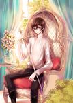  bad_id bad_pixiv_id black_hair chair code_geass flower fylus lelouch_lamperouge male_focus open_clothes open_shirt purple_eyes rapier shirt sitting smile solo sword vase weapon 