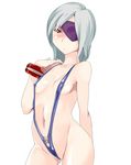  absurdres eyepatch flat_chest gina_dickinson god_eater god_eater_burst hekeniko highres navel red_eyes short_hair silver_hair simple_background slingshot_swimsuit solo swimsuit 