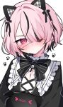  1girl @_@ animal_ear_hairband animal_ears black_dress black_nails black_ribbon cat_ear_hairband cat_ears commentary_request dress eyepatch fake_animal_ears gothic_lolita hair_between_eyes hairband heart heart-shaped_pupils highres knees lolita_fashion medium_hair one_eye_covered original pink_eyes pink_hair ribbon symbol-shaped_pupils two-tone_dress waka_(wk4444) white_dress 