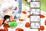  4koma black_hair blue_hair blush bow braid chibi chinese comic dress dynamite eien_no_sai_tori fujiwara_no_mokou hair_bow hat highres houraisan_kaguya kamishirasawa_keine long_hair minigirl multiple_girls nurse_cap open_mouth ribbon smile touhou translated very_long_hair white_hair yagokoro_eirin 