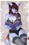  1girl absurdres artist_name ass_visible_through_thighs bare_arms bare_shoulders black_garter_straps black_thighhighs blue_eyes blue_skin boobs_in_book_(meme) book breasts brown_hair cleavage colored_skin commentary draenei english_text garter_straps highres holding holding_book horns jewelry lace-trimmed_thighhighs lace_trim large_breasts lingerie long_hair looking_at_viewer maewix_(artist) meme necklace open_book original pendant pointy_ears ponytail smile solo tail thigh_gap thighhighs underwear warcraft world_of_warcraft 