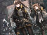  404_(girls_frontline) 4girls absurdres armband bangs belt beret black_bow black_gloves black_hat black_jacket black_legwear black_ribbon black_shorts blunt_bangs bow brown_eyes brown_hair closed_mouth coat commentary_request facial_mark fingerless_gloves full_body g11_(girls_frontline) girls_frontline gloves green_eyes green_hat green_jacket grey_hair gun h&amp;k_ump h&amp;k_ump45 h&amp;k_ump9 hair_between_eyes hair_ornament hairclip handgun hands_up hat heckler_&amp;_koch highres hk416_(girls_frontline) holding holding_gun holding_weapon holster holstered_weapon hood hood_down hooded_jacket huge_filesize jacket kasiwa_moka knee_pads long_hair looking_at_viewer messy_hair military multiple_girls one_side_up open_clothes open_coat open_jacket open_mouth pantyhose pistol plaid plaid_skirt ribbon scar scar_across_eye scarf_on_head shirt shorts shoulder_cutout silver_hair sitting skirt smile standing submachine_gun teardrop thighhighs trigger_discipline ump45_(girls_frontline) ump9_(girls_frontline) weapon white_shirt zettai_ryouiki 