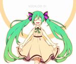  blush closed_eyes dress green_hair hatsune_miku long_hair open_mouth solo twintails very_long_hair vocaloid waka_(978-4) 