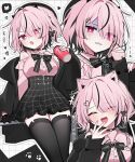  1girl absurdres bare_shoulders black_jacket black_ribbon black_skirt black_thighhighs closed_eyes hair_between_eyes hair_over_one_eye heart heart-shaped_pupils highres jacket jirai_kei looking_at_viewer medium_hair open_clothes open_jacket original pink_eyes pink_hair pink_shirt ribbon shirt skirt symbol-shaped_pupils thighhighs thighs waka_(wk4444) 