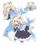  1girl :d :o ^_^ arms_at_sides black_bow black_dress blonde_hair blue_capelet blue_ribbon bow capelet closed_eyes cocov commentary dolphin dress frills from_side full_body gradient_hair hair_ribbon hand_up heart highres index_finger_raised long_dress long_sidelocks long_sleeves looking_at_viewer multicolored_hair multiple_views open_mouth partially_submerged petting pink_hair project_sekai red_eyes ribbon shoes sidelocks simple_background smile swept_bangs symbol-only_commentary tail tail_wagging tenma_saki three_quarter_view twintails upper_body white_background white_shoes wide_sleeves 