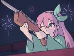  1girl alternate_costume aubrey_(faraway)_(omori) aubrey_(omori) blue_eyes blue_hairband blue_kimono closed_mouth fireworks hairband holding_toy_gun japanese_clothes kimono long_hair long_sleeves mewowem_omo night omori one_eye_closed outdoors pink_hair solo 