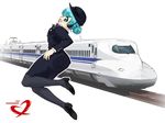  alternate_hairstyle aqua_eyes aqua_hair black_legwear ground_vehicle hat hatsune_miku headphones open_mouth pantyhose pencil_skirt shinkansen shoes skirt smile solo tessai train train_attendant uniform vocaloid 