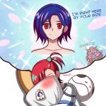  1boy 1girl amate_yuzuriha blue_hair blush commentary dreaming english_text glowing gundam gundam_gquuuuuux haro hashtag-only_commentary head_on_pillow highres holding hugging_object long_sleeves looking_at_viewer mecha mobile_suit nude open_mouth pajamas pillow pillow_hug ponytail purple_eyes red_eyes red_gundam red_hair robot science_fiction shirt short_hair shuji_ito smile v-fin zeon132 