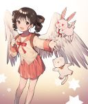  1girl :d animal azit_(down) back bangs bell blush bow brown_background brown_eyes brown_hair bunny cat commentary_request drill_hair eyebrows_visible_through_hair feathered_wings full_moon_wo_sagashite gradient gradient_background highres jingle_bell kneehighs kouyama_mitsuki long_sleeves open_mouth outstretched_arm pleated_skirt red_bow red_sailor_collar red_skirt sailor_collar school_uniform serafuku shirt skirt sleeves_past_wrists smile solo standing twin_drills twintails white_background white_legwear white_shirt white_wings wide_sleeves winged_animal wings 