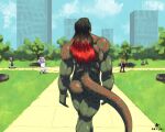 absurd_res anthro artemi back_muscles back_tattoo being_watched butt canid canine clothed clothing detailed_background domestic_pig exhibitionism fox fully_clothed group hair hi_res highlights_(coloring) humanoid komodo_dragon lizard long_hair looking_at_another male mammal monitor_lizard muscular muscular_male nude park public public_nudity reptile scalie streaking suid suine sus_(pig) tail_tattoo tattoo walking