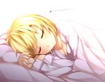  alternate_costume blanket blonde_hair breasts cleavage closed_eyes kazetto lunasa_prismriver lying no_hat no_headwear on_side parted_lips pillow shirt short_hair sleeping small_breasts solo touhou under_covers 