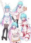  1girl absurdres arm_up armpit_crease ass bdsm belt birthday_cake black_thighhighs blue_bra blue_eyes blue_hair blue_panties blush bondage bound bound_arms bound_legs box bra breasts cake choker chozgum cleavage closed_mouth collar collarbone colored_inner_hair commentary commission cream_on_breasts dated envelope food food_on_body food_on_breasts gift gift_box hair_between_eyes hair_ornament hair_ribbon hairclip highres holding holding_gift holding_pastry_bag holding_tray index_finger_raised large_breasts long_hair looking_at_viewer mouth_hold multicolored_hair naked_ribbon navel nude open_mouth original panties party_horn pastry_bag pink_hair polka_dot polka_dot_ribbon red_belt red_choker red_collar red_ribbon restrained ribbon shirt short_sleeves simple_background solo_focus star_(symbol) star_in_eye stomach striped_bra striped_clothes striped_panties sweat symbol_in_eye teeth teeth_hold thighhighs thighs tray two-tone_bra two-tone_hair two-tone_panties underwear white_background white_bra white_panties white_ribbon white_shirt 