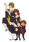  3boys a_(kyousougiga) bow brother_and_sister brothers brown_hair hair_bow hair_ornament hood hoodie koto_(kyousougiga) kyousougiga long_hair multiple_boys myoue parody ponytail red_eyes scarf school_uniform serafuku short_hair siblings simple_background skirt un_(kyousougiga) white_background yotsubato! yotsubato!_pose yu_no123 