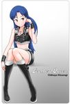  adjusting_hair blue_hair boots brown_eyes character_name english highres idolmaster idolmaster_(classic) kisaragi_chihaya long_hair midriff otsuaki rounded_corners smile solo typo wrist_cuffs 