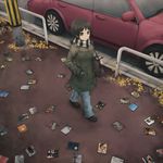  bag brown_eyes brown_hair car card commentary_request denim from_above ground_vehicle hand_in_pocket iroha_karuta jacket jeans mittens motor_vehicle original pants photo_(object) pole railing scarf shoes solo walking yajirushi_(chanoma) 
