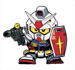  aiming beam_rifle chibi energy_gun gundam holding holding_weapon mecha mecha_focus mobile_suit mobile_suit_gundam multicolored_armor no_humans robot rx-78-2_gundam science_fiction shield sketch solo standing v-fin weapon white_background yaguchiya_tomoshi yellow_eyes 