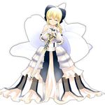  ^_^ ahoge armor armored_dress artoria_pendragon_(all) bare_shoulders blonde_hair bow caliburn closed_eyes detached_sleeves dress fate/stay_night fate/unlimited_codes fate_(series) faulds flower gauntlets green_eyes hair_bow kotaka ponytail saber saber_lily solo sword weapon 