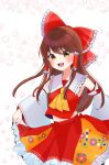  1girl artist_name ascot blush bow brown_eyes brown_hair commentary_request detached_sleeves embellished_costume frilled_bow frilled_hair_tubes frilled_skirt frills hair_bow hair_tubes hakurei_reimu highres long_hair looking_at_viewer msk384sr24 multicolored_skirt navel open_mouth red_bow red_skirt ribbon-trimmed_sleeves ribbon_trim signature skirt skirt_hold smile solo touhou very_long_hair yellow_ascot 