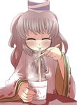  chopsticks closed_eyes commentary cup_ramen eating food gaoo_(frpjx283) grey_eyes hat japanese_clothes left-handed mononobe_no_futo noodles solo table tate_eboshi touhou upper_body 