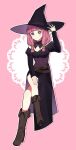  1girl alternate_costume blunt_bangs boots commission cosplay detached_collar fire_emblem fire_emblem_fates fold-over_boots hair_tubes halloween halloween_costume hat highres hime_cut knee_boots leather leather_boots legs mitama_(fire_emblem) pink_hair second-party_source solo waka_(wk4444) witch witch_(fire_emblem_fates) witch_(fire_emblem_fates)_(cosplay) witch_hat 