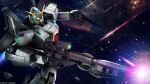  absurdres artist_request asteroid battle beam_rifle copyright_logo energy_beam energy_gun firing glowing gundam gundam_battle_operation_2 gundam_mk_ii_banagher_links_custom gundam_narrative highres machinery mecha mecha_focus mobile_suit muzzle_flash no_humans realistic robot science_fiction shield sky space star_(sky) starry_sky sunrise_(company) v-fin weapon 