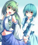  :o bad_id bad_pixiv_id blue_hair blush detached_sleeves frog gradient gradient_background green_eyes green_hair hair_ornament hair_tubes hands_on_own_chest heterochromia holding_hands kochiya_sanae long_hair long_sleeves looking_at_another looking_back midriff multiple_girls navel open_mouth ponytail seagonz short_hair simple_background skirt snake tatara_kogasa touhou vest 