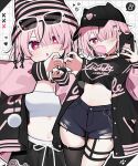  1girl absurdres baseball_cap beanie black_choker black_hat black_jacket black_nails blowing_bubbles breasts cellphone chewing_gum choker cleavage denim denim_shorts eyewear_on_head eyewear_on_headwear fingernails hair_between_eyes hair_over_one_eye hat heart heart-shaped_pupils highres holding holding_phone jacket looking_at_viewer medium_hair one_eye_covered original phone pink_eyes pink_hair pink_hat pink_sleeves short_hair short_shorts shorts smartphone striped_hat sunglasses symbol-shaped_pupils thigh_strap thighhighs thighs torn_clothes torn_shorts two-tone_hat waka_(wk4444) 