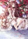  brown_eyes brown_hair chain choker corset dress earrings flower hagiwara_rin hair_ribbon jewelry lace lace-trimmed_dress light_smile long_hair looking_at_viewer necklace off_shoulder original petals ribbon sitting soaking_feet solo v_arms very_long_hair water wavy_hair white_dress 