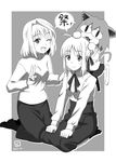  animal_ears arcueid_brunestud artoria_pendragon_(all) carnival_phantasm cat_ears crossover fate/stay_night fate_(series) greyscale hand_on_another's_head kueru_(yuuki_tamerawanai) long_skirt monochrome multiple_girls nekoarc one_eye_closed open_mouth pantyhose saber short_hair skirt smile tsukihime v 