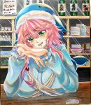  bar_(place) blue_hat blue_shirt breast_rest breasts commentary_request cross-laced_clothes green_eyes happy hat large_breasts long_sleeves marker_(medium) medium_hair mitsu~ okunoda_miyoi parted_lips pink_hair shirt teeth touhou traditional_media upper_teeth_only whale_hat 