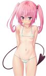  arms_behind_back bikini blush demon_tail embarrassed flat_chest groin highres long_hair micro_bikini nana_asta_deviluke navel pink_hair purple_eyes solo swimsuit tail to_love-ru to_love-ru_darkness twintails youkan 