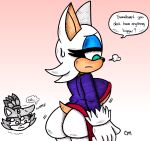 alternate_costume anthro bat big_breasts big_butt blaze_the_cat bodily_fluids bottomwear breasts butt clothing clothing_swap coat dialogue domestic_cat duo envy eyelashes eyeshadow felid feline felis female fur gloves green_eyes hair handwear hi_res inkyneko makeup mammal nervous_sweat pants ponytail rouge_the_bat sega sonic_the_hedgehog_(series) speech_bubble sweat tail tan_body tears topwear under_boob upset white_body white_fur
