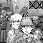  4girls amagi_yukiko cosplay detective glasses greyscale hanamura_yousuke hat kujikawa_rise kuma_(persona_4) magical_detective_loveline magical_detective_loveline_(cosplay) monochrome monocle multiple_boys multiple_girls narukami_yuu persona persona_4 satonaka_chie shirogane_naoto short_hair staff tatsumi_kanji tokiwa_(mukoku) 