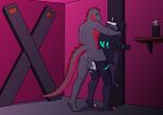 absurd_res anal anal_penetration anthro anus balls bared_teeth bdsm bite biting_lip biting_own_lip black_body black_fur black_scales black_sclera blindfold blindfold_only bodily_fluids bondage bound brown_toes butt canid canine canis claws cuff_(restraint) cum cum_in_ass cum_inside cum_on_balls cum_on_butt cum_on_penis dennis_the_breakdancing_lizard digital_media_(artwork) duo erection feet fur genital_fluids genitals green_eyes green_markings grey_body grey_fur hand_on_shoulder hi_res humanoid_genitalia humanoid_penis inkpanther97 lizard lube lube_bottle male male/male male_penetrated male_penetrating male_penetrating_male mammal markings nude penetration penile penis phrynosomatid pink_anus pinned pinned_to_wall red_body red_scales red_spikes reptile restraints ripari_(firecracker) scales scalie self_bite sex sex_dungeon shackles simple_background smile spiny_lizard submissive tail teeth toes wolf