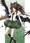  arm_cannon black_legwear black_wings bow brown_hair cape hair_bow katase_kai kneehighs long_hair red_eyes reiuji_utsuho simple_background solo touhou weapon wings 